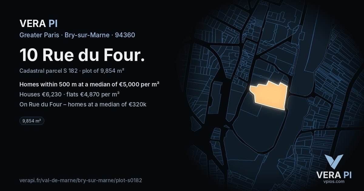 10 Rue du Four, Bry-sur-Marne at night – the plot lit, the parcels around coloured by the prices near them