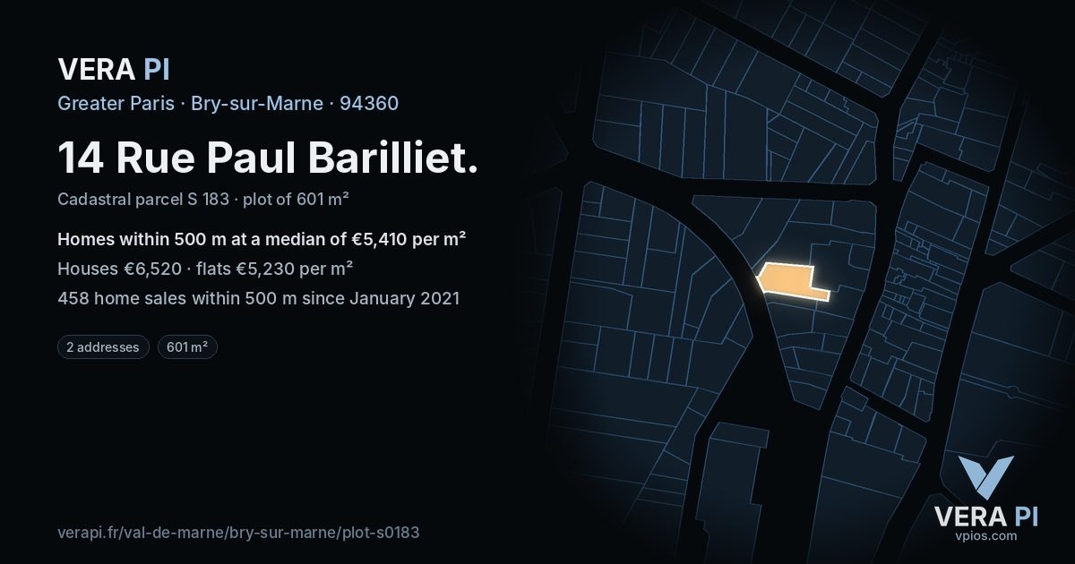14 Rue Paul Barilliet, Bry-sur-Marne at night – the plot lit, the parcels around coloured by the prices near them