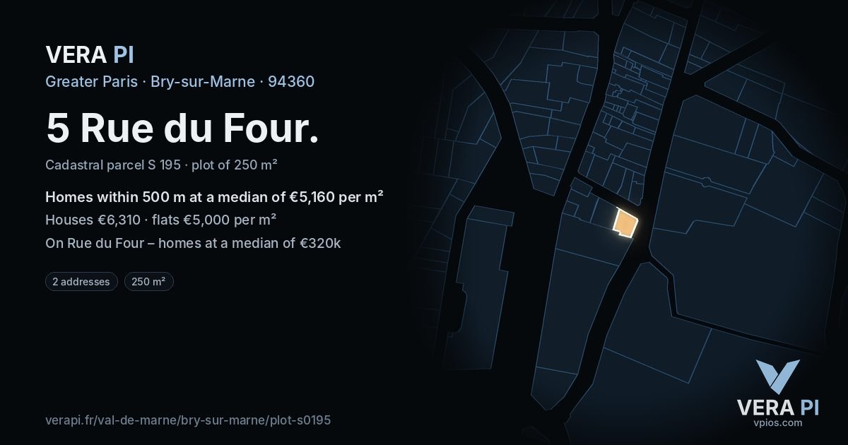5 Rue du Four, Bry-sur-Marne at night – the plot lit, the parcels around coloured by the prices near them