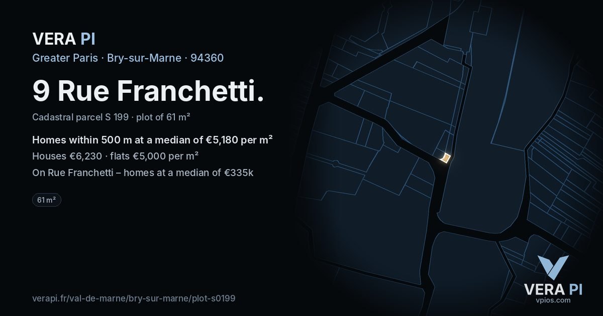 9 Rue Franchetti, Bry-sur-Marne at night – the plot lit, the parcels around coloured by the prices near them