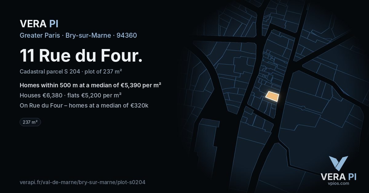 11 Rue du Four, Bry-sur-Marne at night – the plot lit, the parcels around coloured by the prices near them