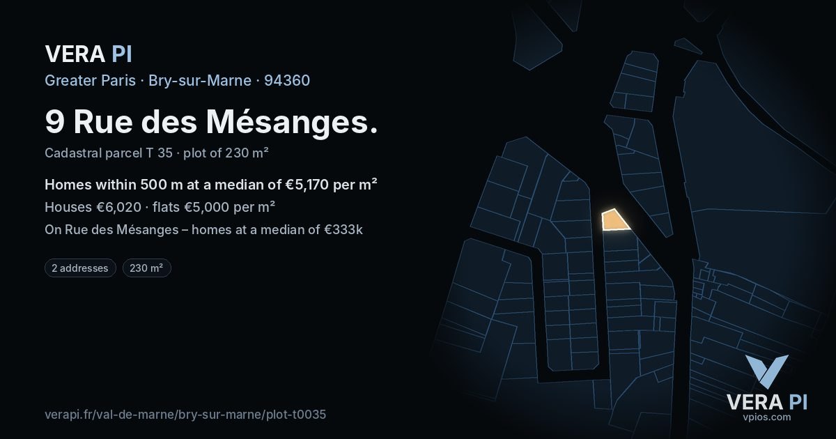9 Rue des Mésanges, Bry-sur-Marne at night – the plot lit, the parcels around coloured by the prices near them