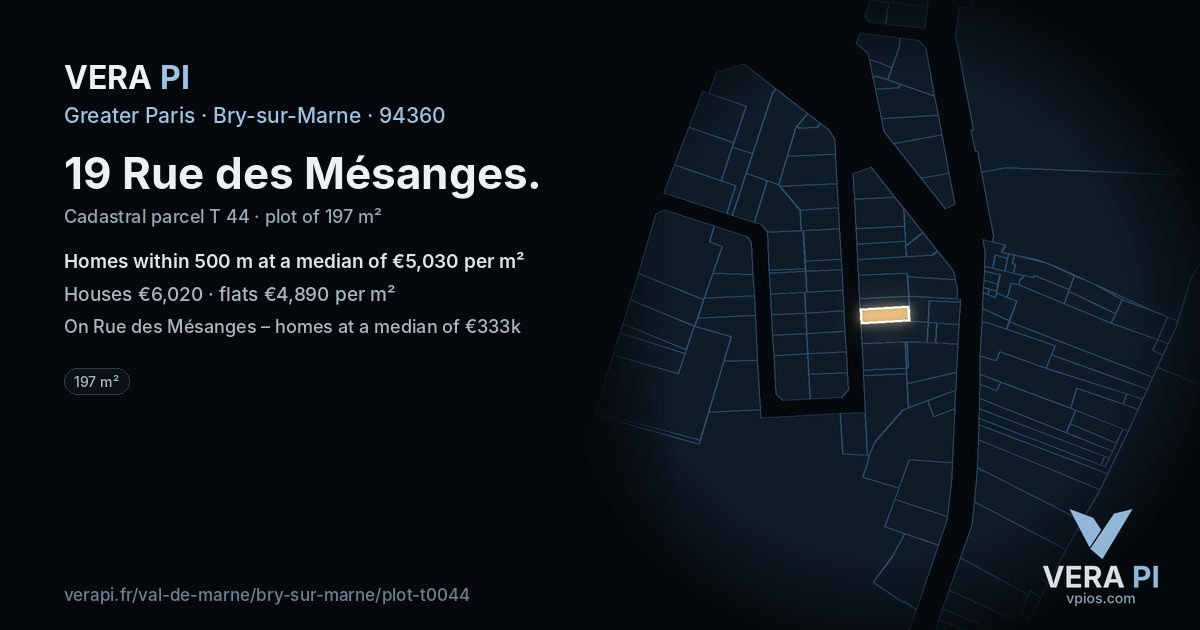 19 Rue des Mésanges, Bry-sur-Marne at night – the plot lit, the parcels around coloured by the prices near them