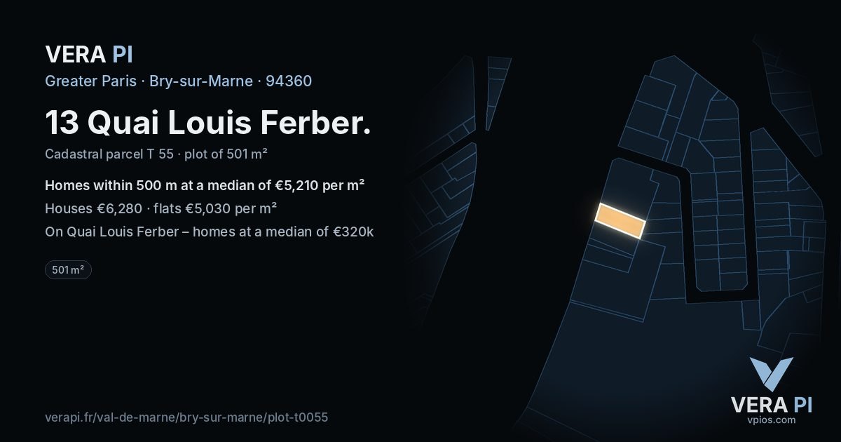 13 Quai Louis Ferber, Bry-sur-Marne at night – the plot lit, the parcels around coloured by the prices near them