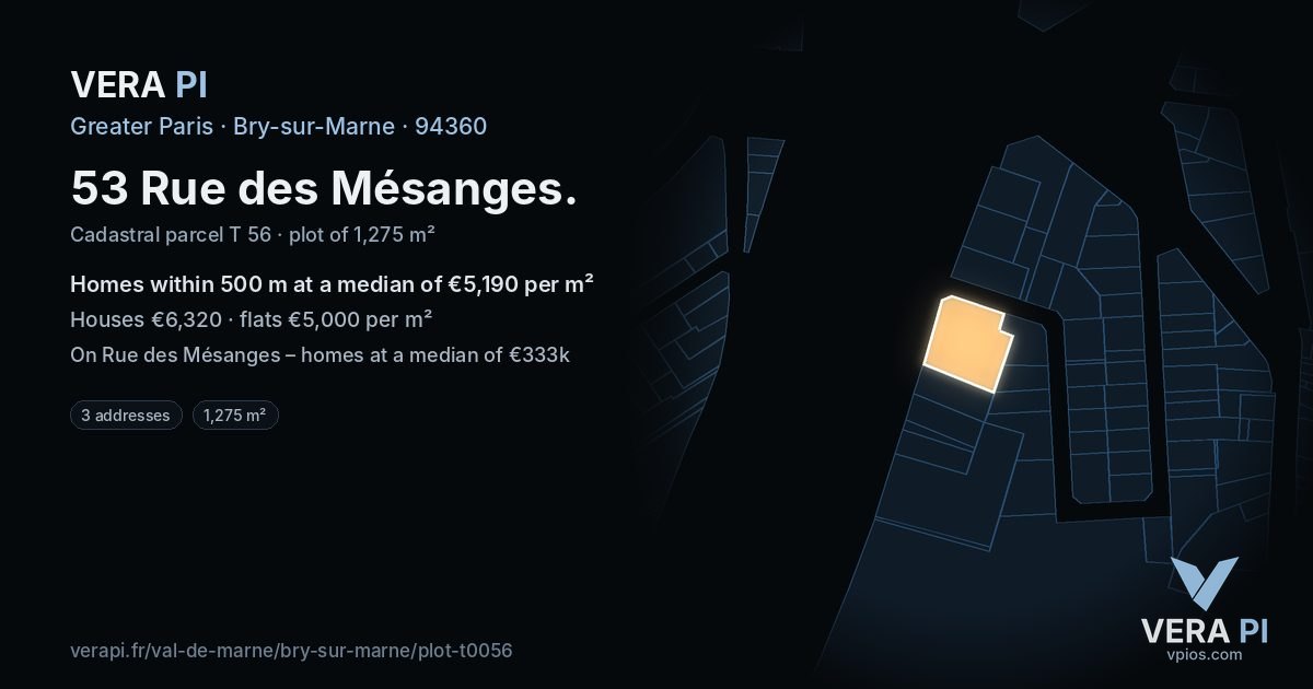 53 Rue des Mésanges, Bry-sur-Marne at night – the plot lit, the parcels around coloured by the prices near them