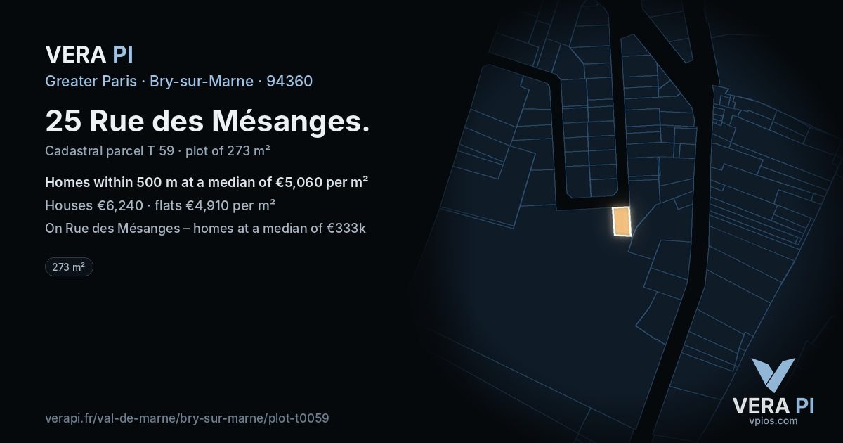 25 Rue des Mésanges, Bry-sur-Marne at night – the plot lit, the parcels around coloured by the prices near them