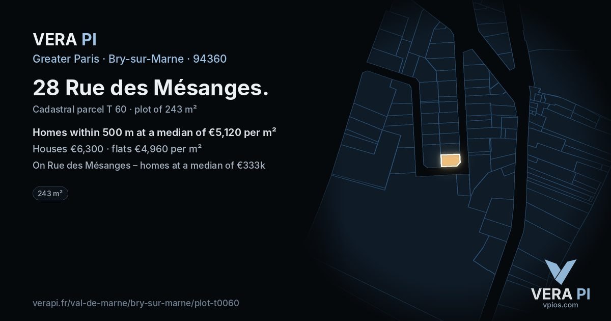 28 Rue des Mésanges, Bry-sur-Marne at night – the plot lit, the parcels around coloured by the prices near them