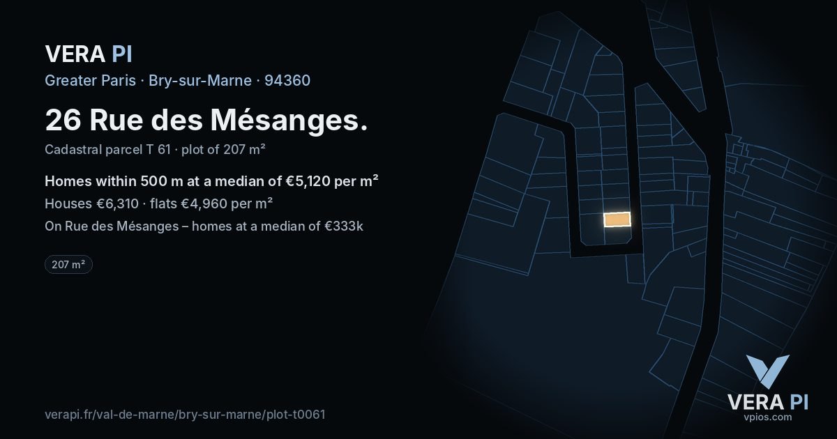 26 Rue des Mésanges, Bry-sur-Marne at night – the plot lit, the parcels around coloured by the prices near them