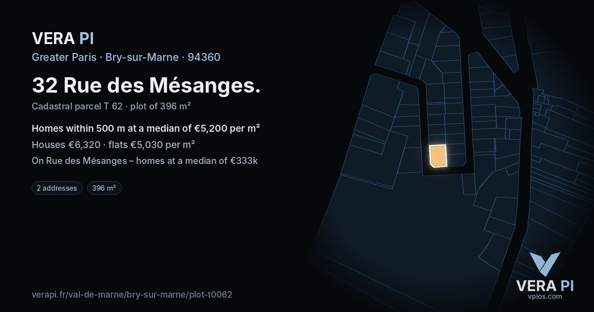 32 Rue des Mésanges, Bry-sur-Marne at night – the plot lit, the parcels around coloured by the prices near them