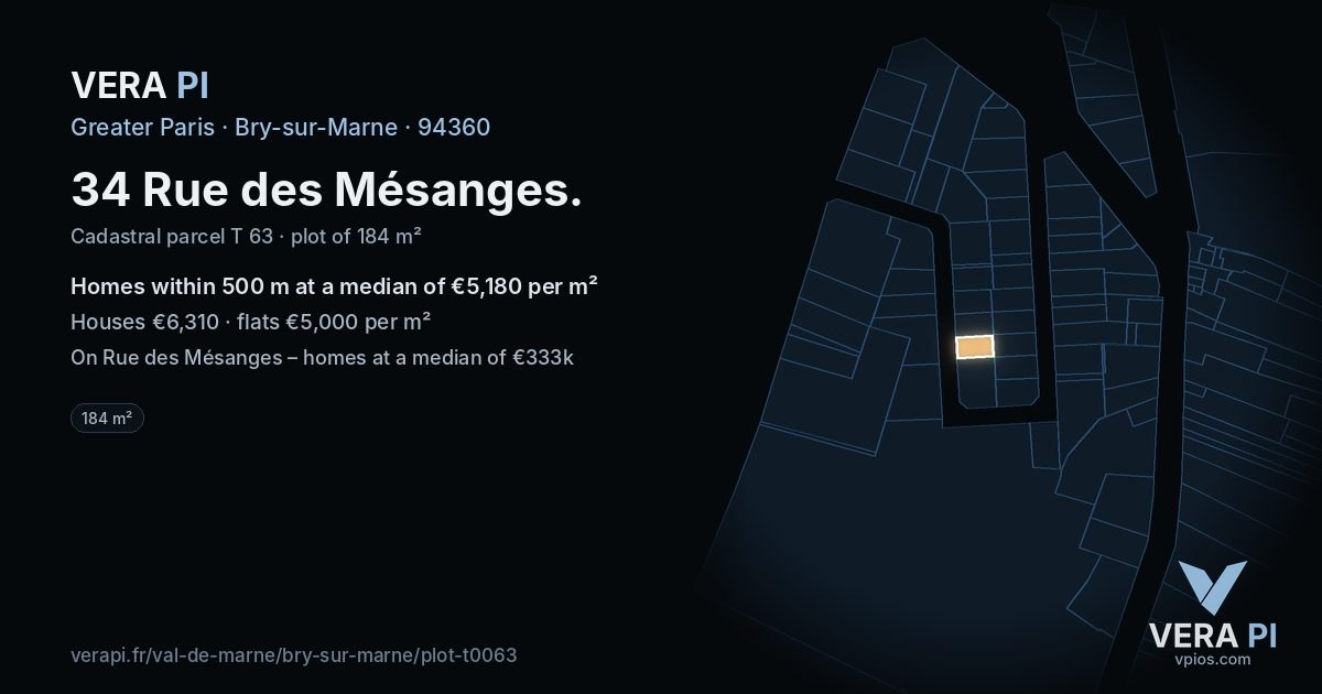 34 Rue des Mésanges, Bry-sur-Marne at night – the plot lit, the parcels around coloured by the prices near them