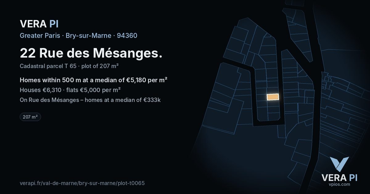 22 Rue des Mésanges, Bry-sur-Marne at night – the plot lit, the parcels around coloured by the prices near them