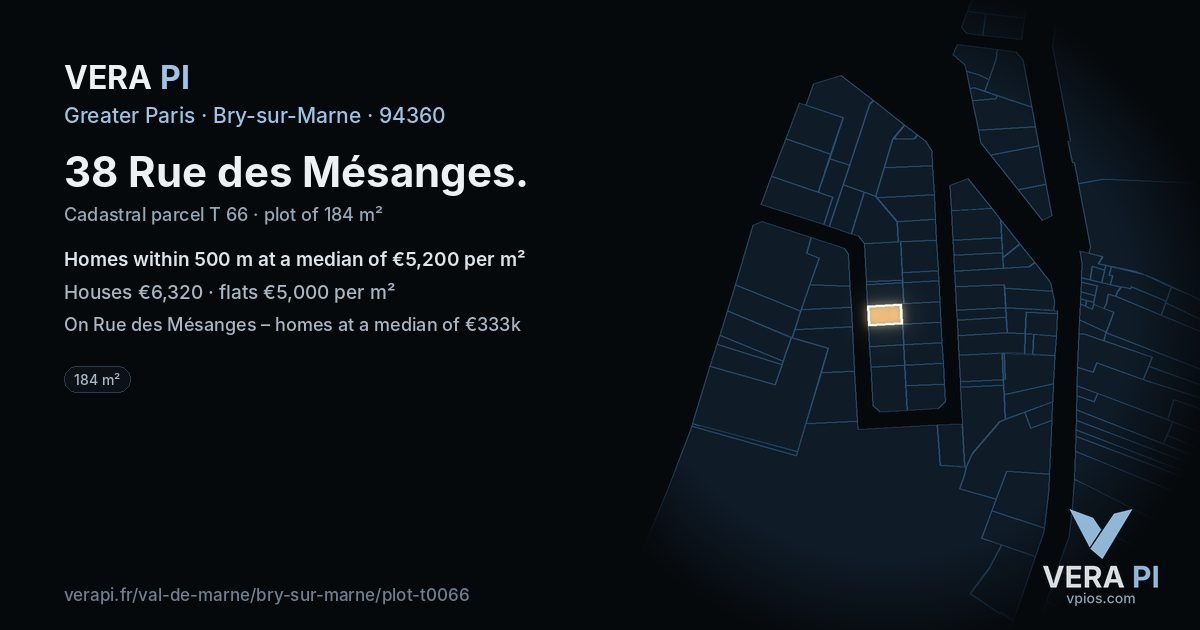 38 Rue des Mésanges, Bry-sur-Marne at night – the plot lit, the parcels around coloured by the prices near them