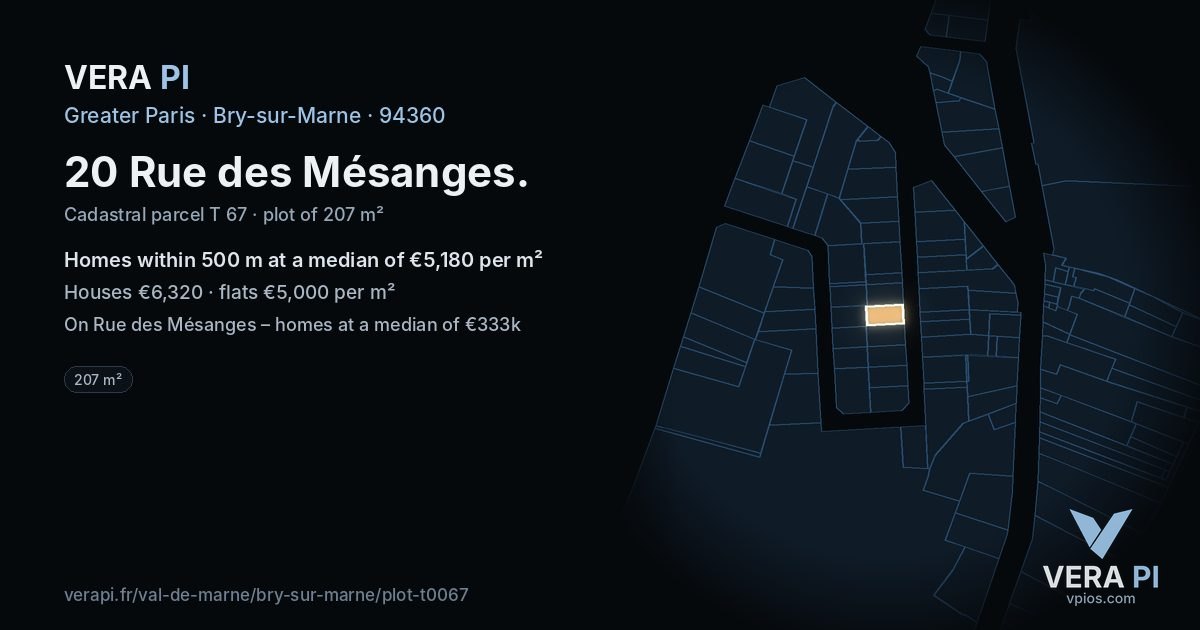 20 Rue des Mésanges, Bry-sur-Marne at night – the plot lit, the parcels around coloured by the prices near them