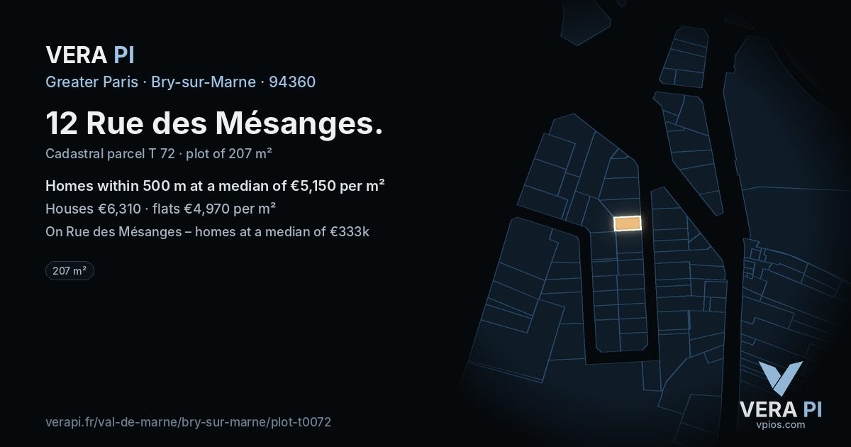 12 Rue des Mésanges, Bry-sur-Marne at night – the plot lit, the parcels around coloured by the prices near them