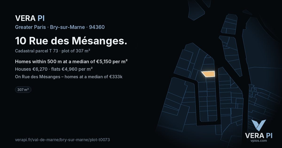 10 Rue des Mésanges, Bry-sur-Marne at night – the plot lit, the parcels around coloured by the prices near them