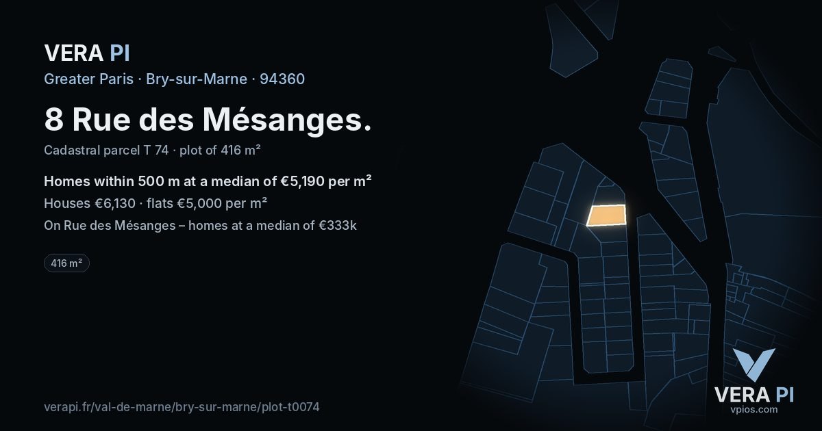 8 Rue des Mésanges, Bry-sur-Marne at night – the plot lit, the parcels around coloured by the prices near them