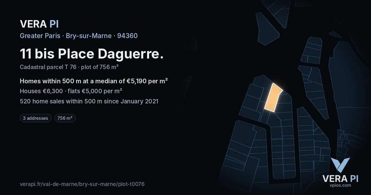 11 bis Place Daguerre, Bry-sur-Marne at night – the plot lit, the parcels around coloured by the prices near them