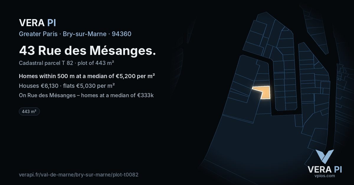 43 Rue des Mésanges, Bry-sur-Marne at night – the plot lit, the parcels around coloured by the prices near them
