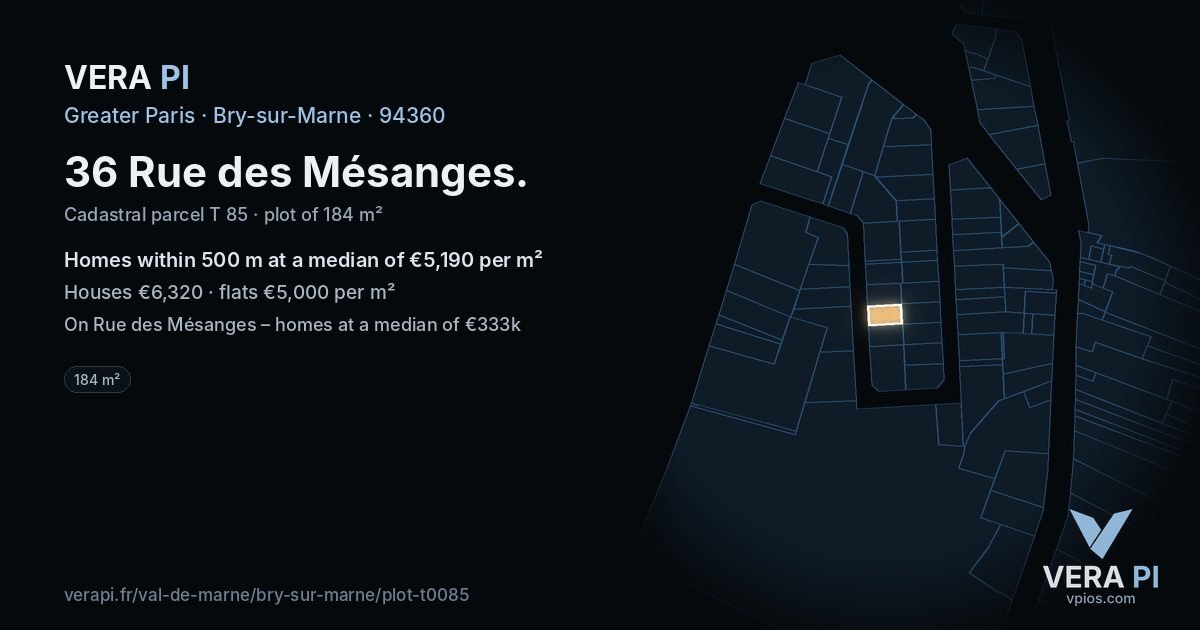 36 Rue des Mésanges, Bry-sur-Marne at night – the plot lit, the parcels around coloured by the prices near them