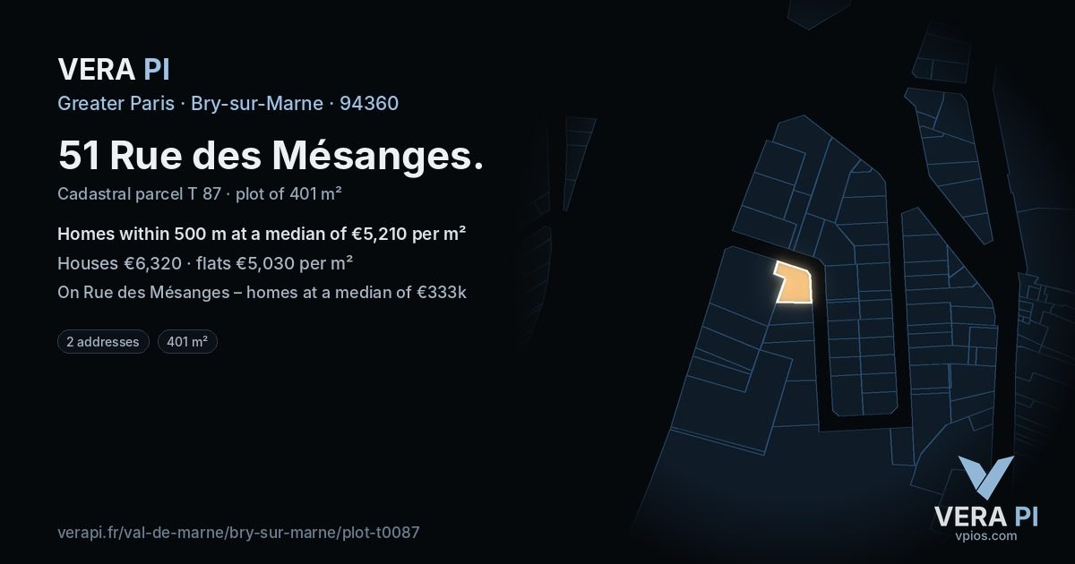 51 Rue des Mésanges, Bry-sur-Marne at night – the plot lit, the parcels around coloured by the prices near them