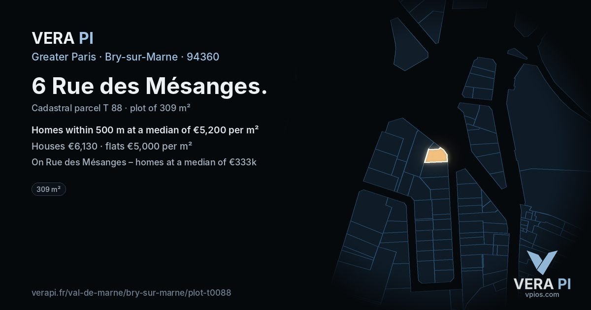 6 Rue des Mésanges, Bry-sur-Marne at night – the plot lit, the parcels around coloured by the prices near them