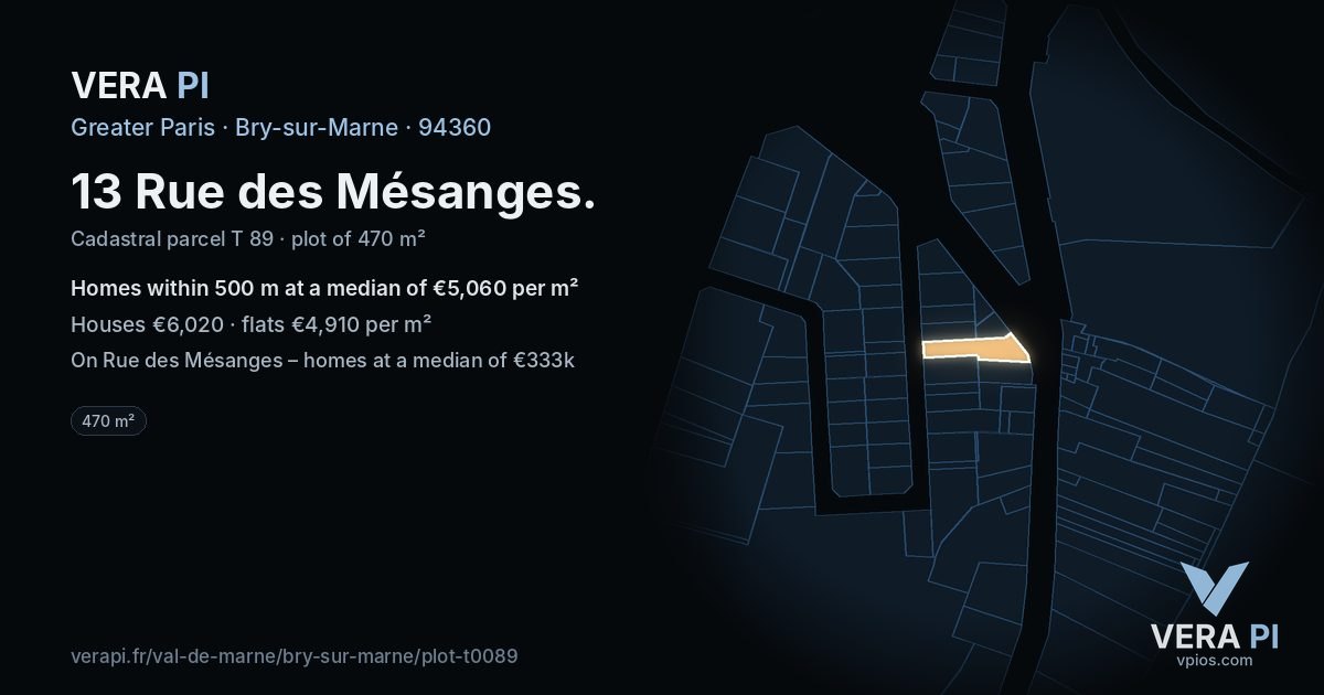 13 Rue des Mésanges, Bry-sur-Marne at night – the plot lit, the parcels around coloured by the prices near them