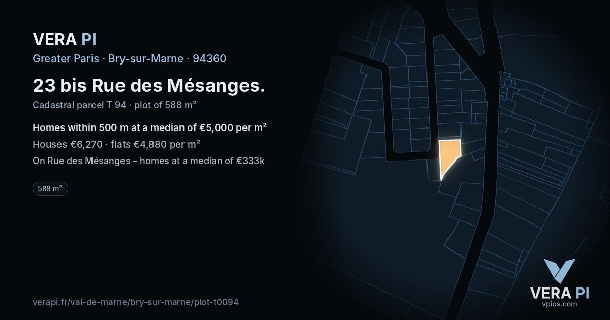 23 bis Rue des Mésanges, Bry-sur-Marne at night – the plot lit, the parcels around coloured by the prices near them