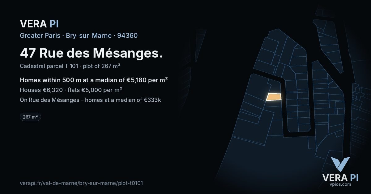 47 Rue des Mésanges, Bry-sur-Marne at night – the plot lit, the parcels around coloured by the prices near them