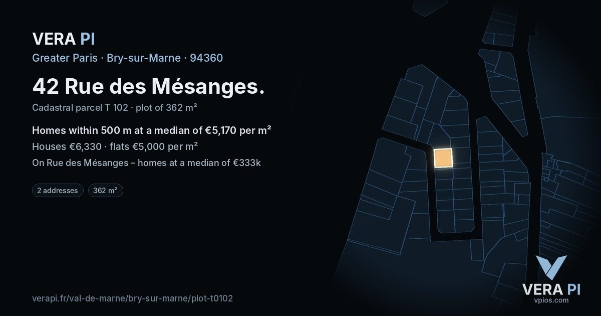 42 Rue des Mésanges, Bry-sur-Marne at night – the plot lit, the parcels around coloured by the prices near them