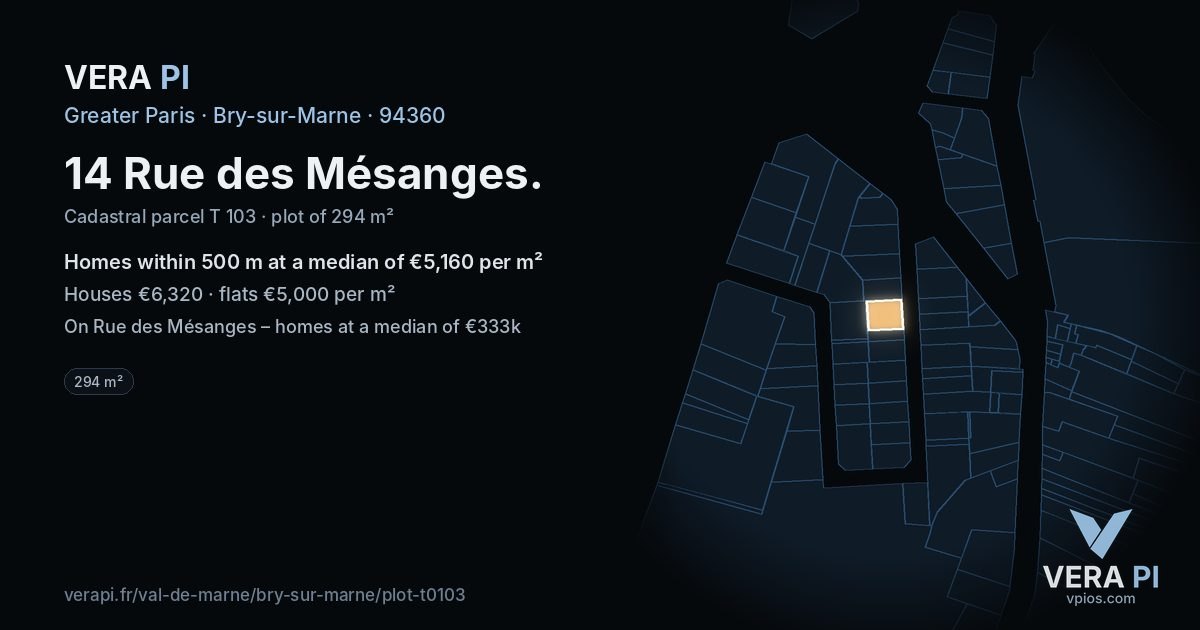 14 Rue des Mésanges, Bry-sur-Marne at night – the plot lit, the parcels around coloured by the prices near them