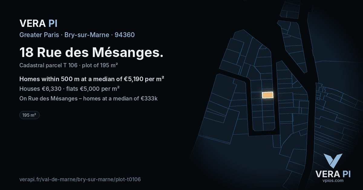 18 Rue des Mésanges, Bry-sur-Marne at night – the plot lit, the parcels around coloured by the prices near them