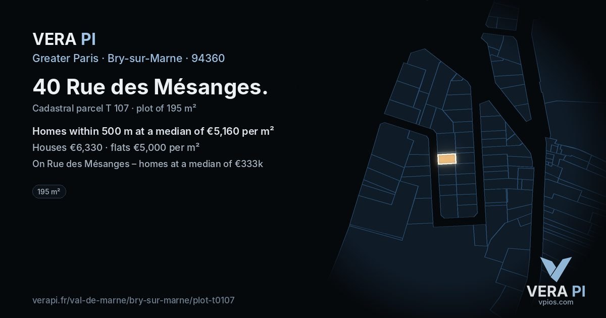 40 Rue des Mésanges, Bry-sur-Marne at night – the plot lit, the parcels around coloured by the prices near them