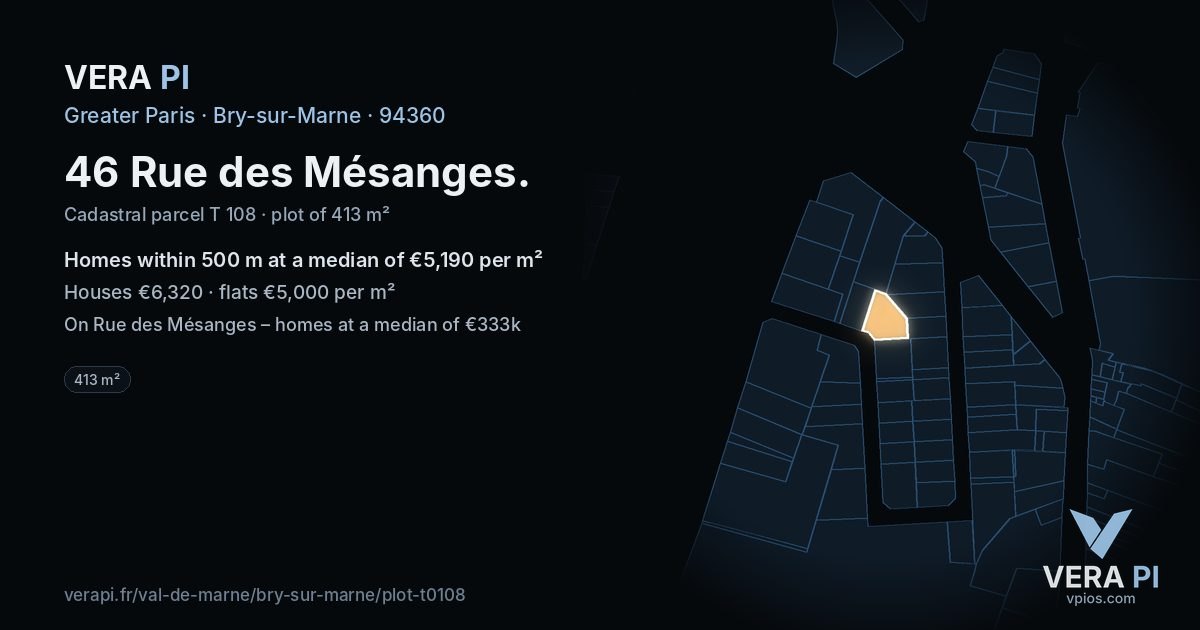 46 Rue des Mésanges, Bry-sur-Marne at night – the plot lit, the parcels around coloured by the prices near them