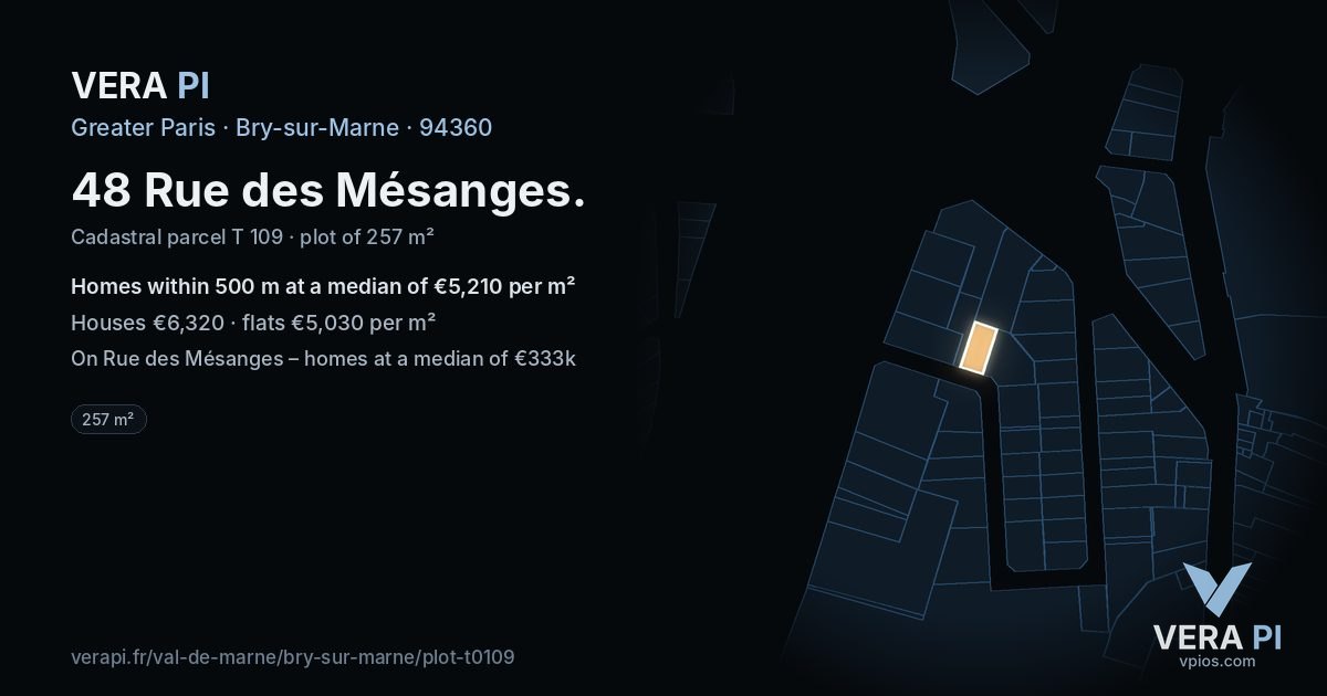 48 Rue des Mésanges, Bry-sur-Marne at night – the plot lit, the parcels around coloured by the prices near them