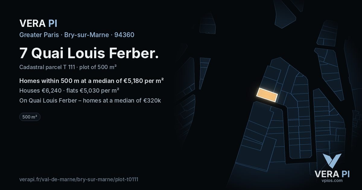 7 Quai Louis Ferber, Bry-sur-Marne at night – the plot lit, the parcels around coloured by the prices near them
