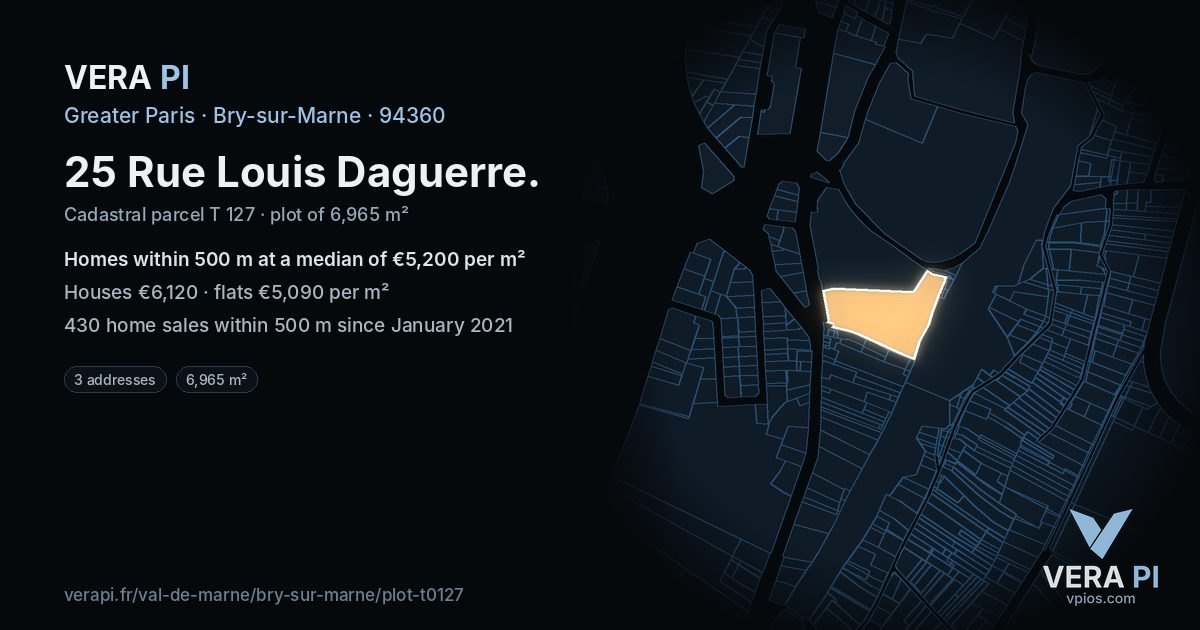 25 Rue Louis Daguerre, Bry-sur-Marne at night – the plot lit, the parcels around coloured by the prices near them