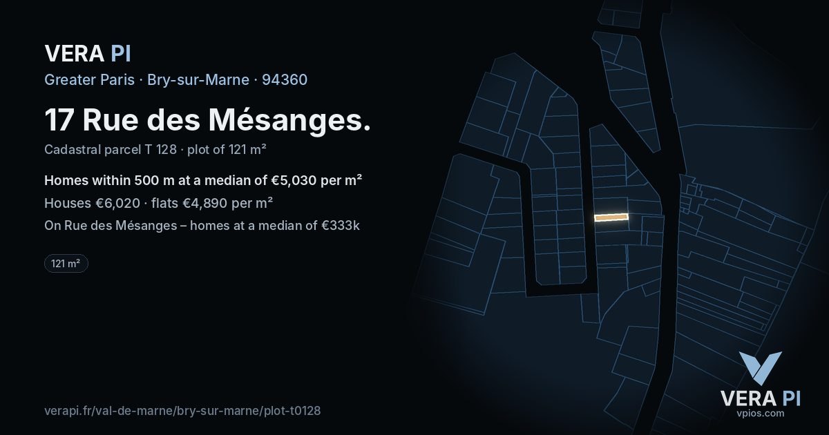 17 Rue des Mésanges, Bry-sur-Marne at night – the plot lit, the parcels around coloured by the prices near them