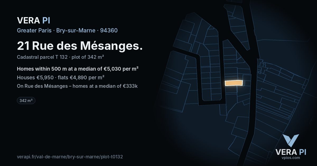 21 Rue des Mésanges, Bry-sur-Marne at night – the plot lit, the parcels around coloured by the prices near them