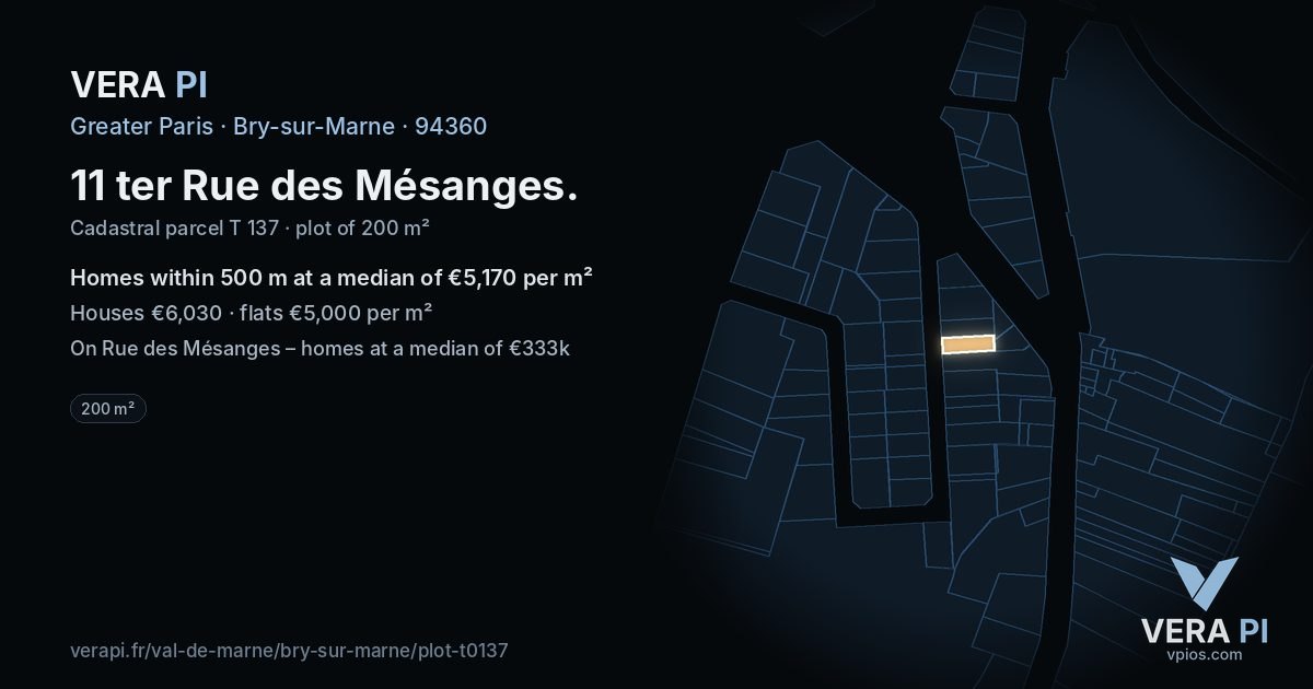 11 ter Rue des Mésanges, Bry-sur-Marne at night – the plot lit, the parcels around coloured by the prices near them