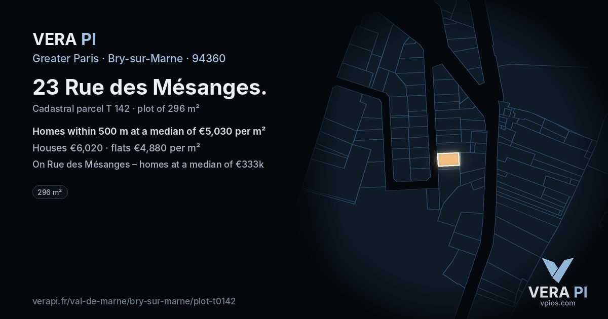 23 Rue des Mésanges, Bry-sur-Marne at night – the plot lit, the parcels around coloured by the prices near them