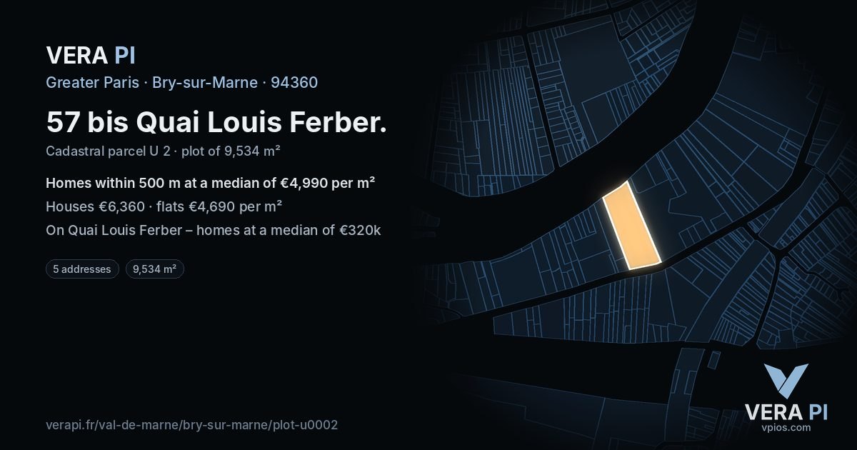 57 bis Quai Louis Ferber, Bry-sur-Marne at night – the plot lit, the parcels around coloured by the prices near them