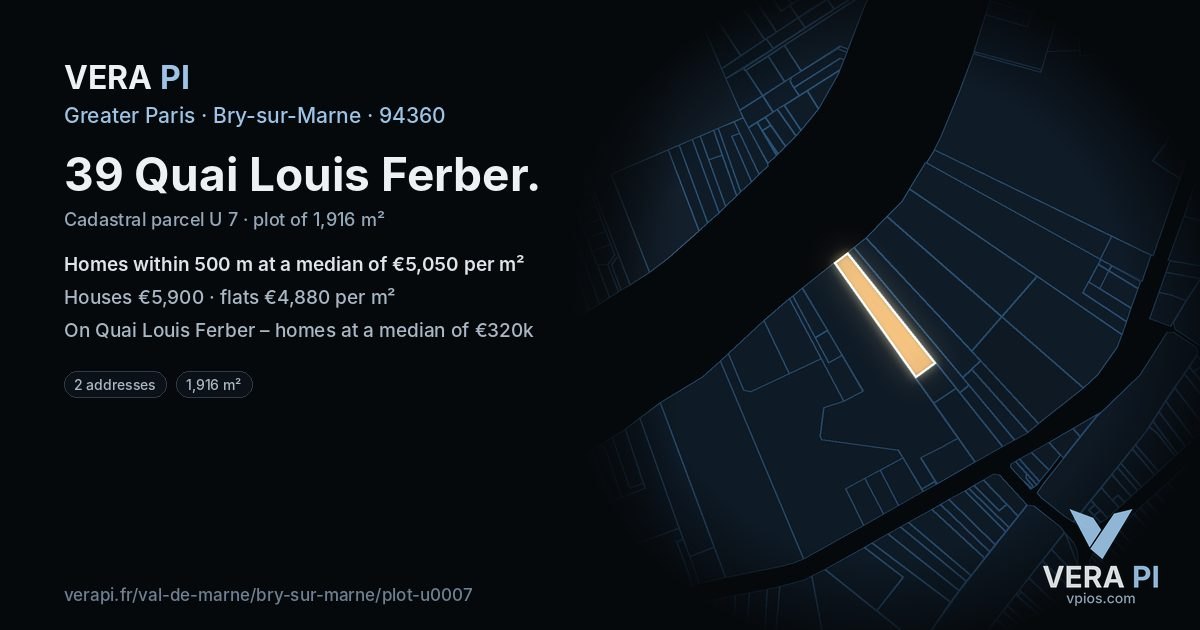 39 Quai Louis Ferber, Bry-sur-Marne at night – the plot lit, the parcels around coloured by the prices near them