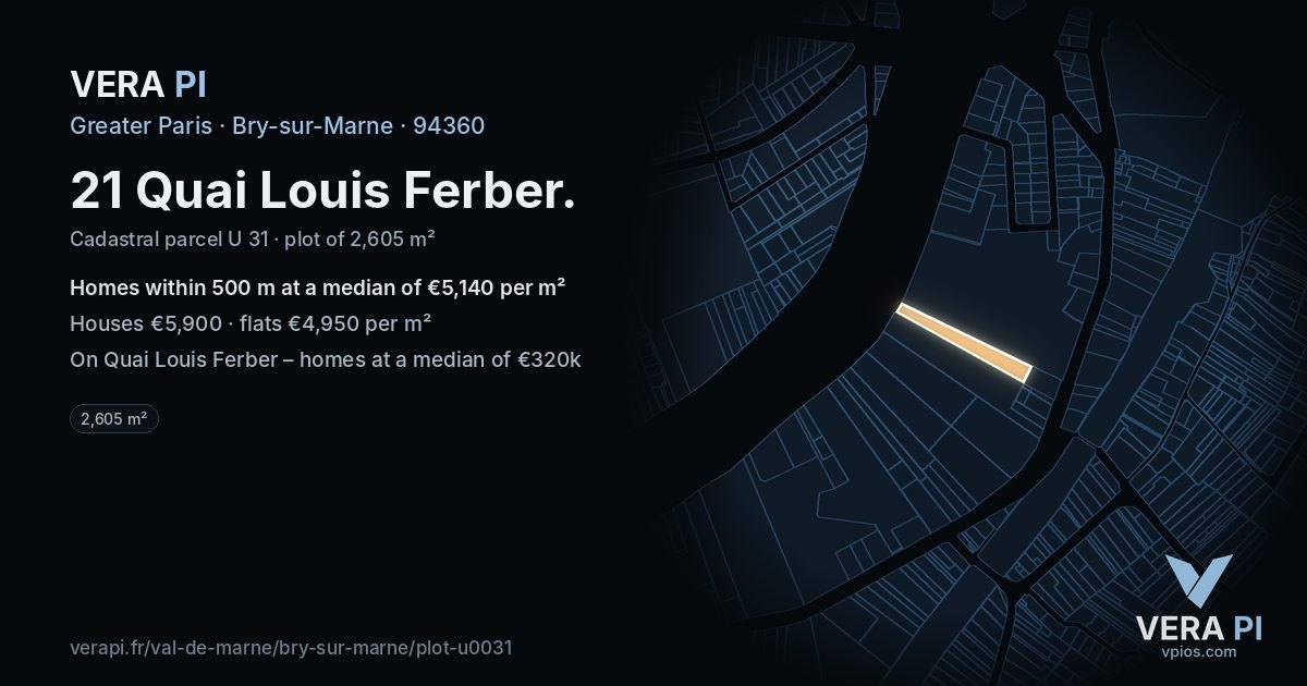 21 Quai Louis Ferber, Bry-sur-Marne at night – the plot lit, the parcels around coloured by the prices near them