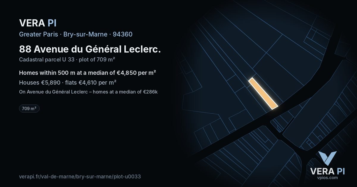 88 Avenue du Général Leclerc, Bry-sur-Marne at night – the plot lit, the parcels around coloured by the prices near them