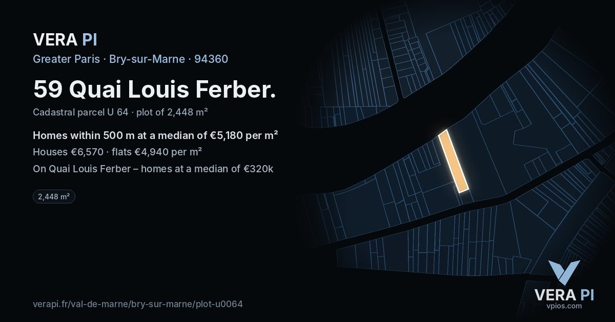 59 Quai Louis Ferber, Bry-sur-Marne at night – the plot lit, the parcels around coloured by the prices near them