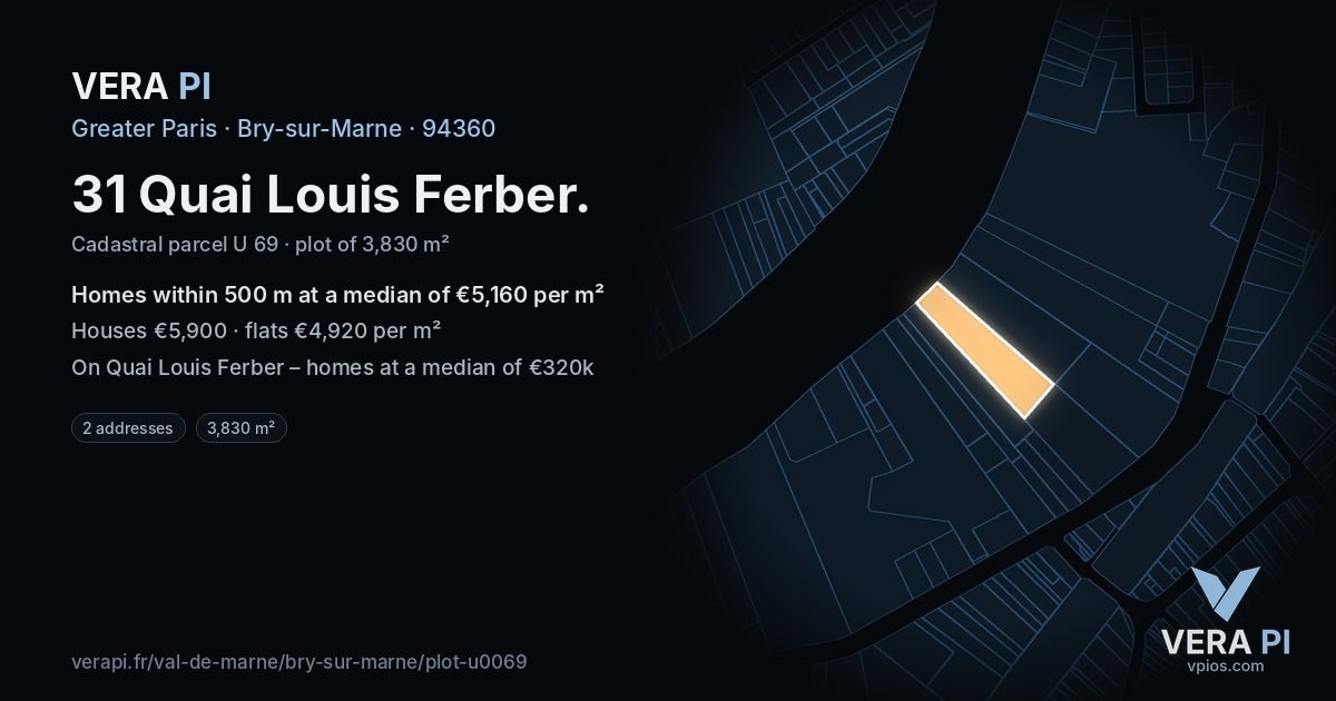 31 Quai Louis Ferber, Bry-sur-Marne at night – the plot lit, the parcels around coloured by the prices near them