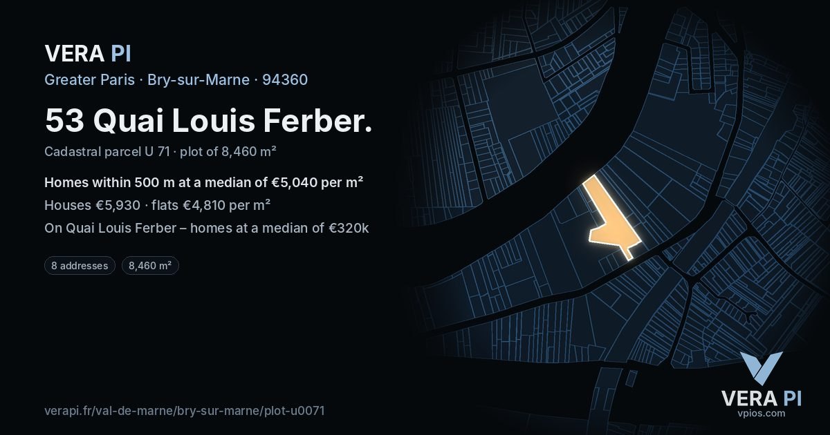 53 Quai Louis Ferber, Bry-sur-Marne at night – the plot lit, the parcels around coloured by the prices near them