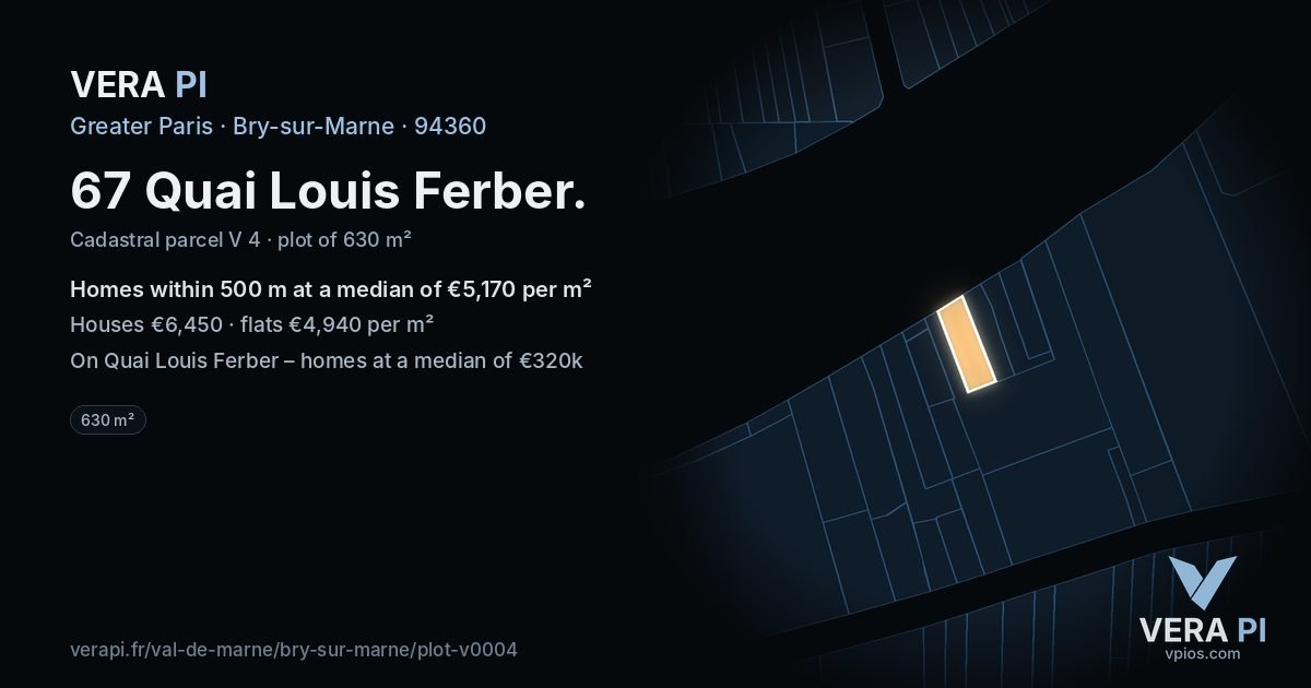 67 Quai Louis Ferber, Bry-sur-Marne at night – the plot lit, the parcels around coloured by the prices near them