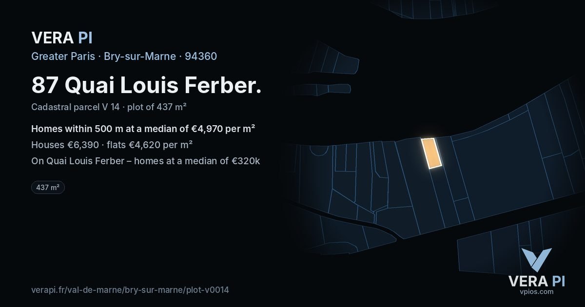 87 Quai Louis Ferber, Bry-sur-Marne at night – the plot lit, the parcels around coloured by the prices near them