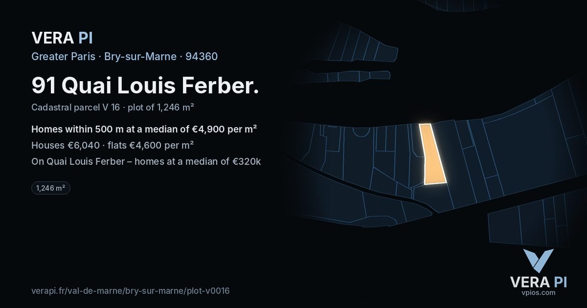 91 Quai Louis Ferber, Bry-sur-Marne at night – the plot lit, the parcels around coloured by the prices near them